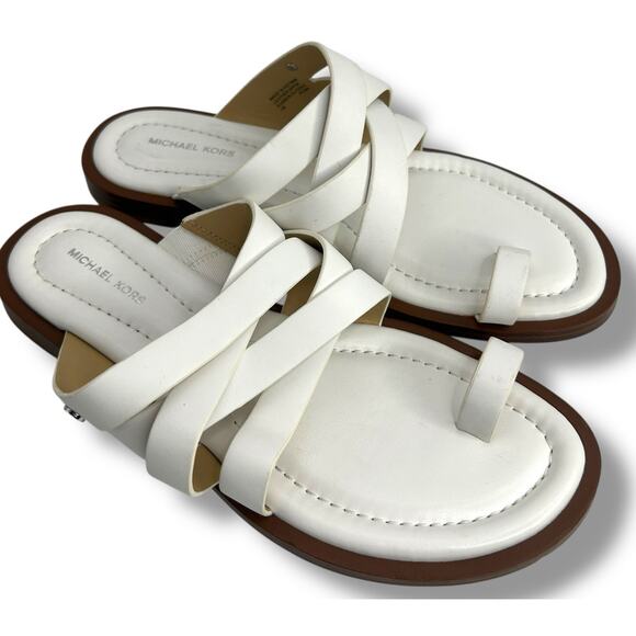 Michael Kors White Nora Toe Ring leather Sandals Size 7 Strappy Flat Sandals - Picture 1 of 11